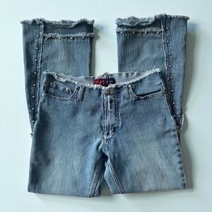 Vintage Y2K ‘Younique Jeans’ Bootcut Low Rise Raw Hem Studded Pants in Blue sz S